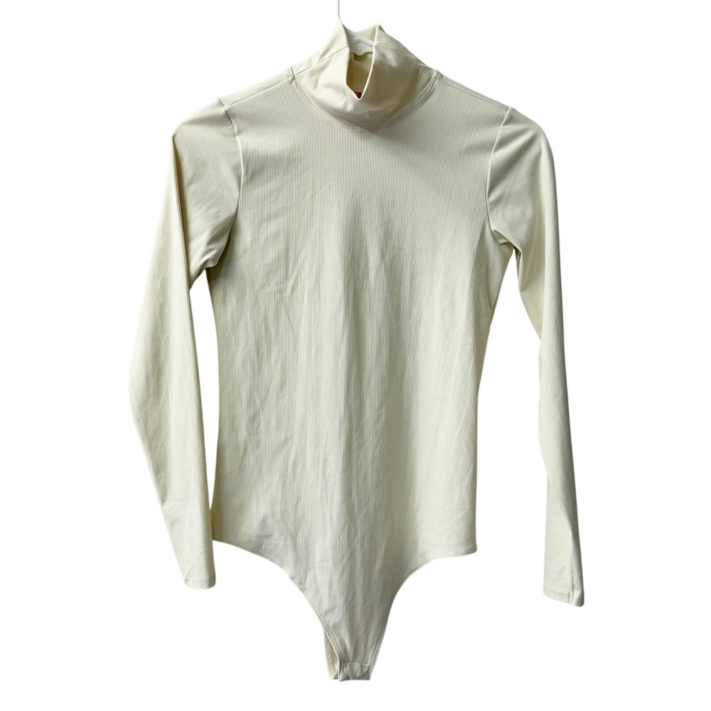 Spanx Bodysuit Women Small Cream Ribbed Mock Neck Long Sleeve Shaping Layering